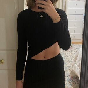 ASTR The Label Black Asymmetrical Long Sleeve Cut Out Bodysuit